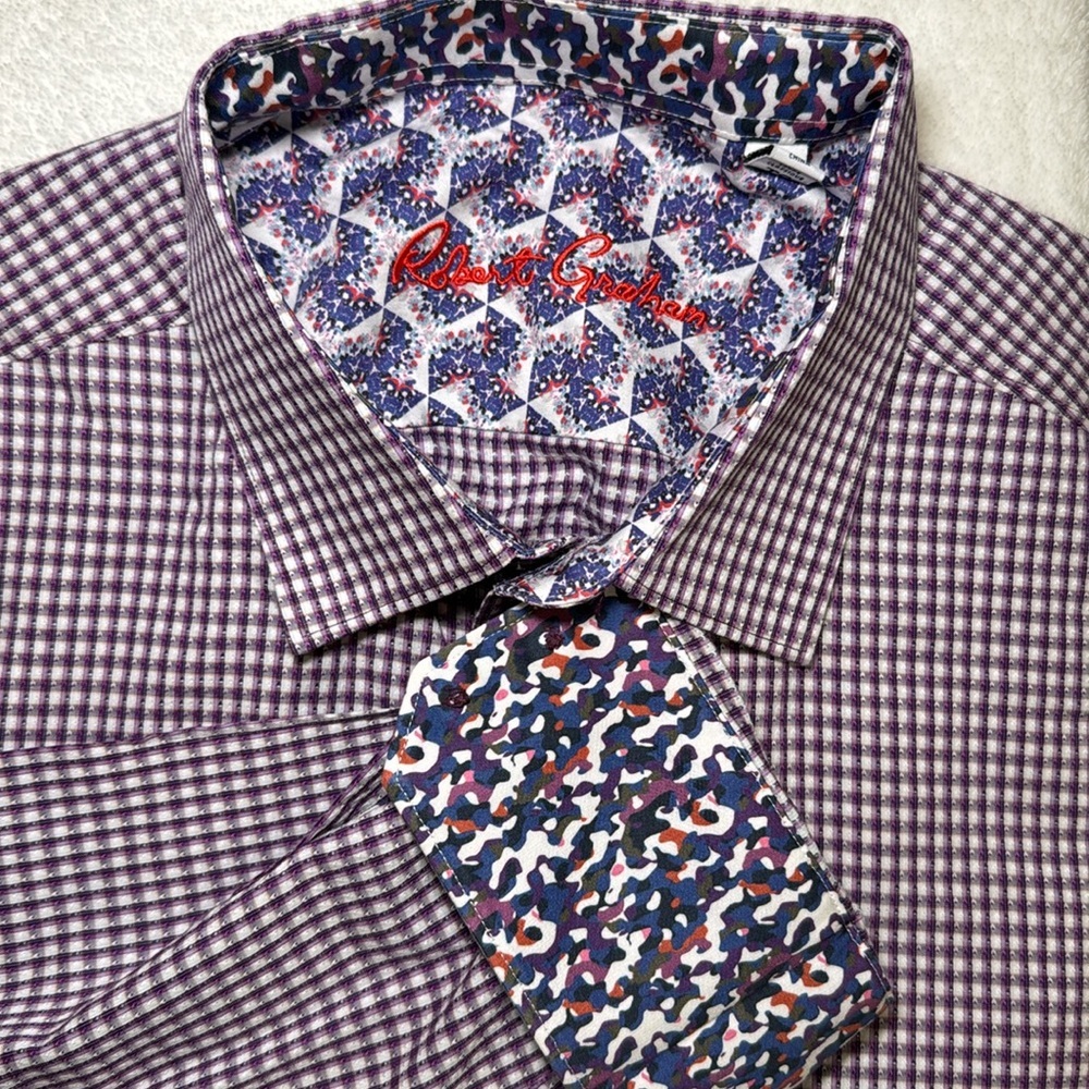 Robert Graham Shirt Mens XL Long Sleeve Button Up Plaid Flip Cuff Purple